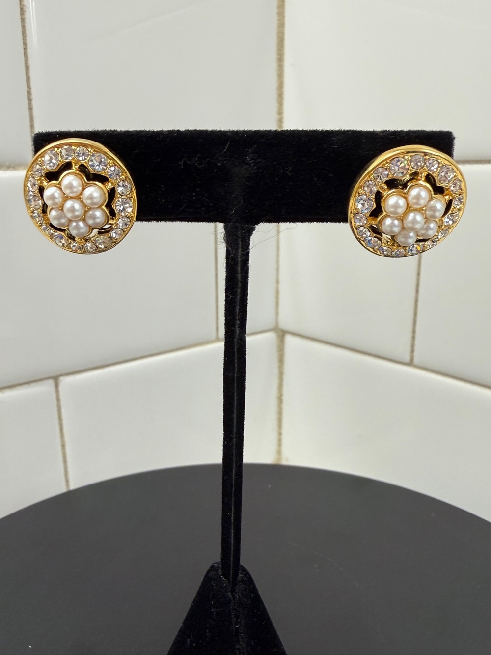 Gold-Tone Pearl Cluster Stud Earrings with Crystal Halo